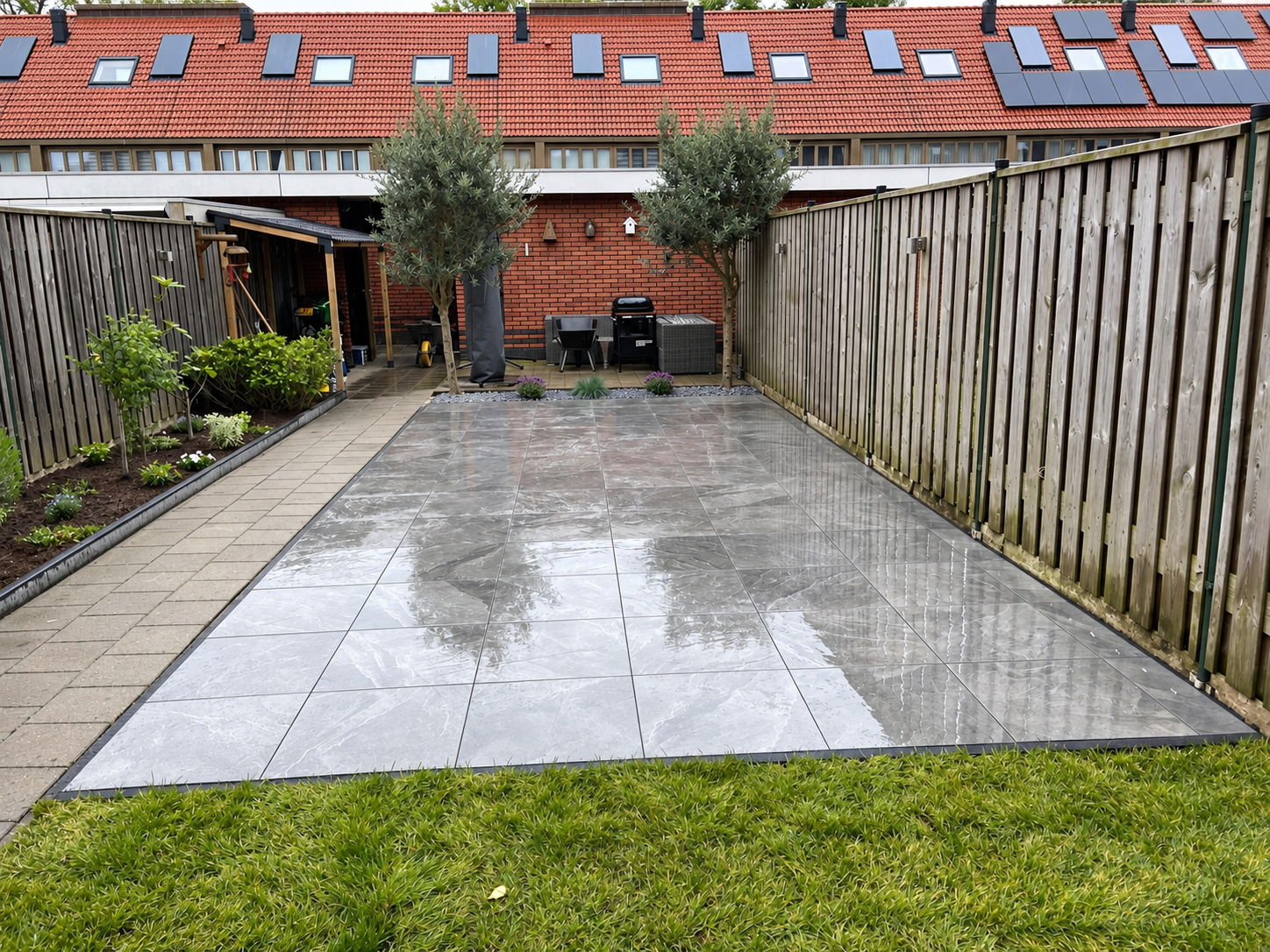 Een groot terras met olijfbomen, een tuinpad en borders langs de schutting.